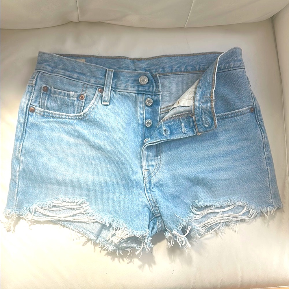 Levi's 501 Blue Jean Shorts with Distressed Frayed Hem